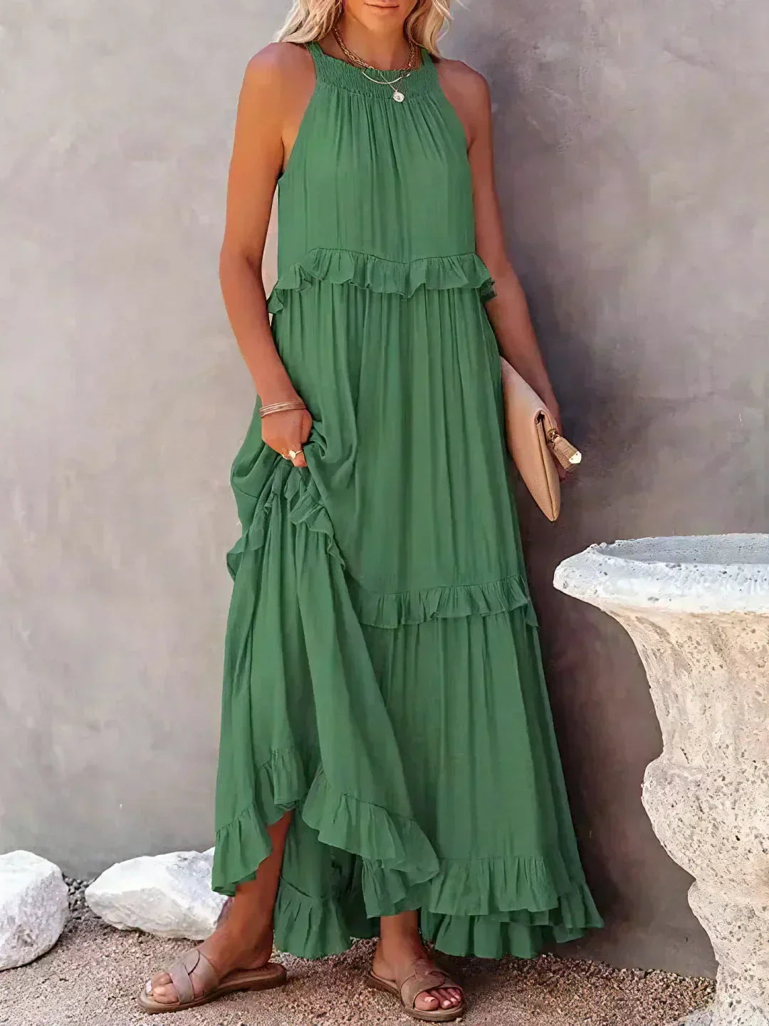 Genevieve – Halter Ruffle Maxi Dress with Flowing Elegance