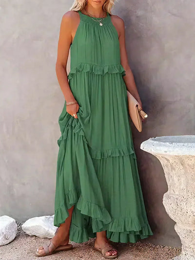 Genevieve – Halter Ruffle Maxi Dress with Flowing Elegance