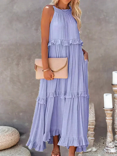Genevieve – Halter Ruffle Maxi Dress with Flowing Elegance