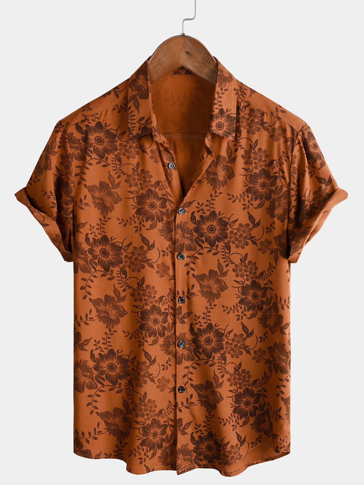 Xavier – Brown Floral Short Sleeve Button-Up Shirt