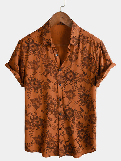 Xavier – Brown Floral Short Sleeve Button-Up Shirt