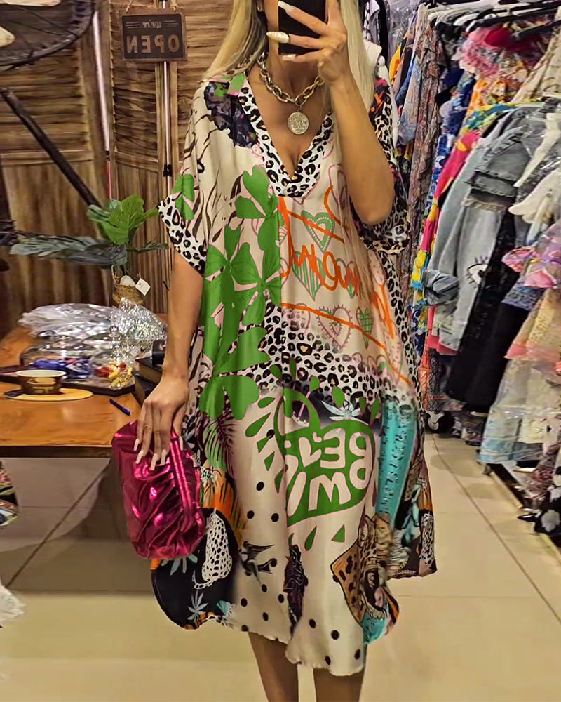 Deep V-neck dress with Colorful leopard print