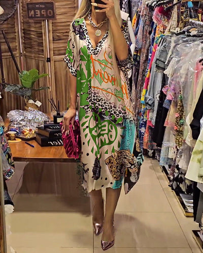 Deep V-neck dress with Colorful leopard print