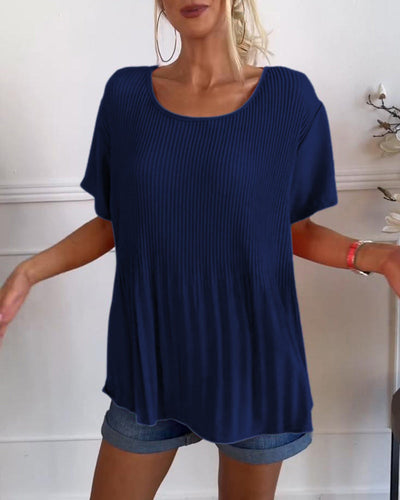 Plain round neck pleated blouse