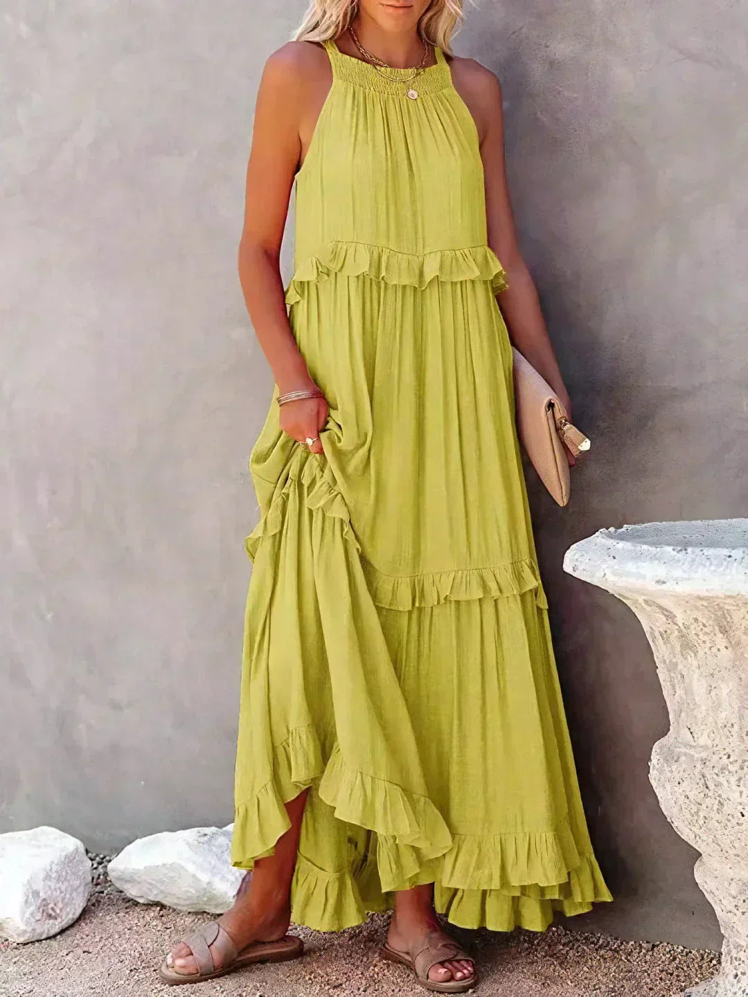 Genevieve – Halter Ruffle Maxi Dress with Flowing Elegance