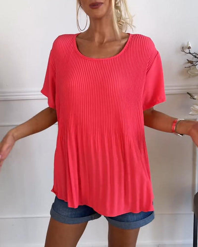 Plain round neck pleated blouse