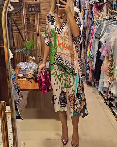 Deep V-neck dress with Colorful leopard print