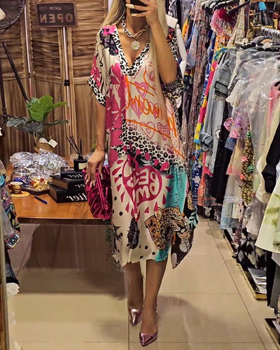 Deep V-neck dress with Colorful leopard print