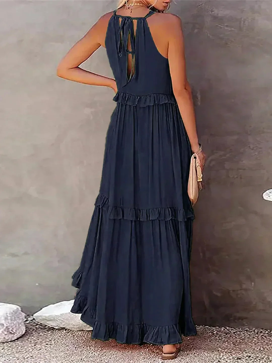 Genevieve – Halter Ruffle Maxi Dress with Flowing Elegance