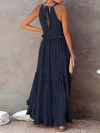 Genevieve – Halter Ruffle Maxi Dress with Flowing Elegance