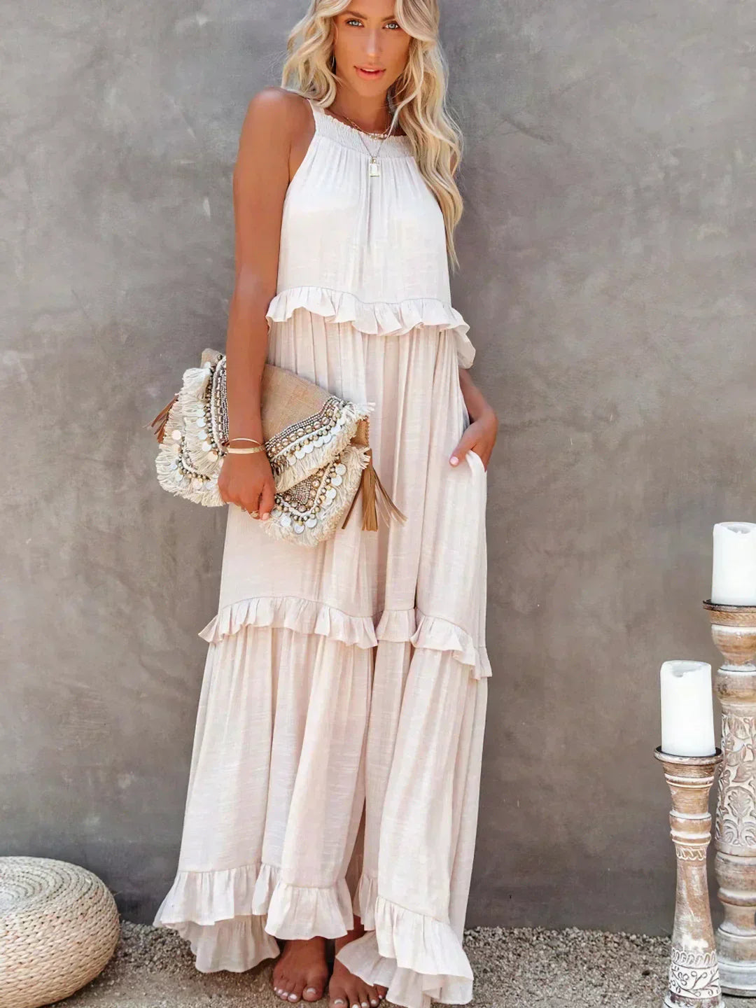 Genevieve – Halter Ruffle Maxi Dress with Flowing Elegance