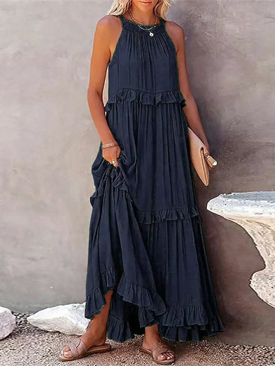 Genevieve – Halter Ruffle Maxi Dress with Flowing Elegance