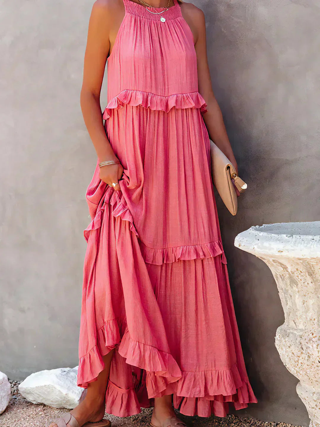 Genevieve – Halter Ruffle Maxi Dress with Flowing Elegance