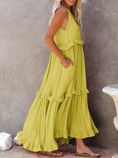 Genevieve – Halter Ruffle Maxi Dress with Flowing Elegance