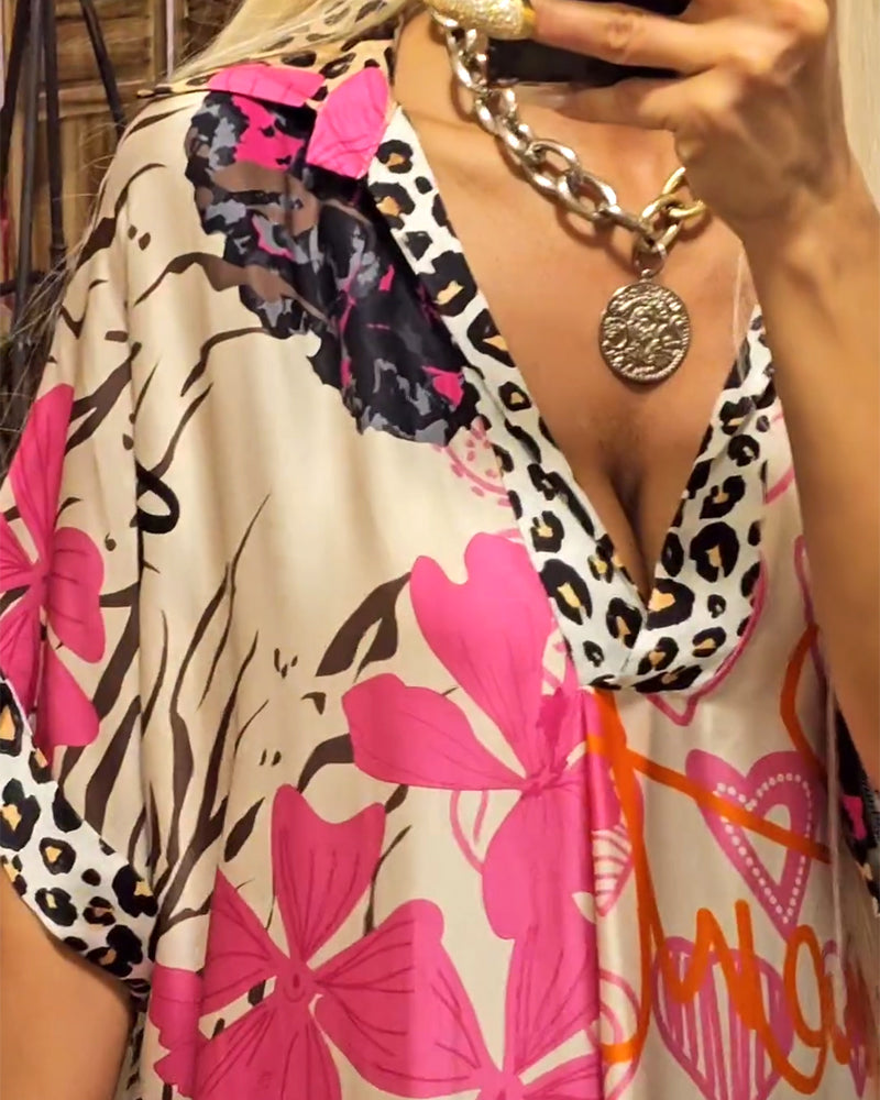 Deep V-neck dress with Colorful leopard print