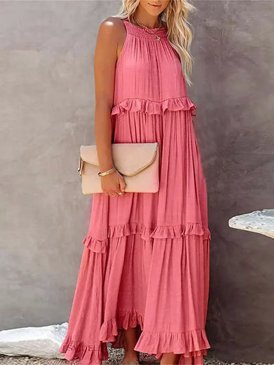 Genevieve – Halter Ruffle Maxi Dress with Flowing Elegance