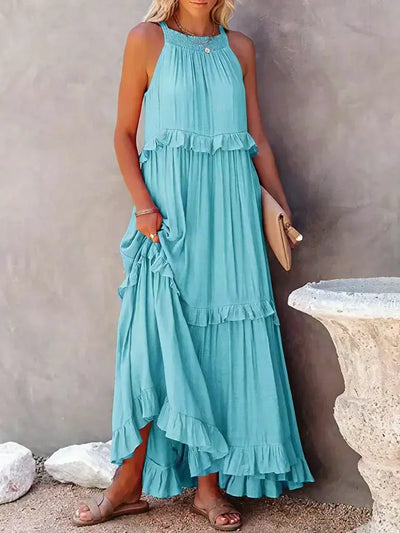 Genevieve – Halter Ruffle Maxi Dress with Flowing Elegance
