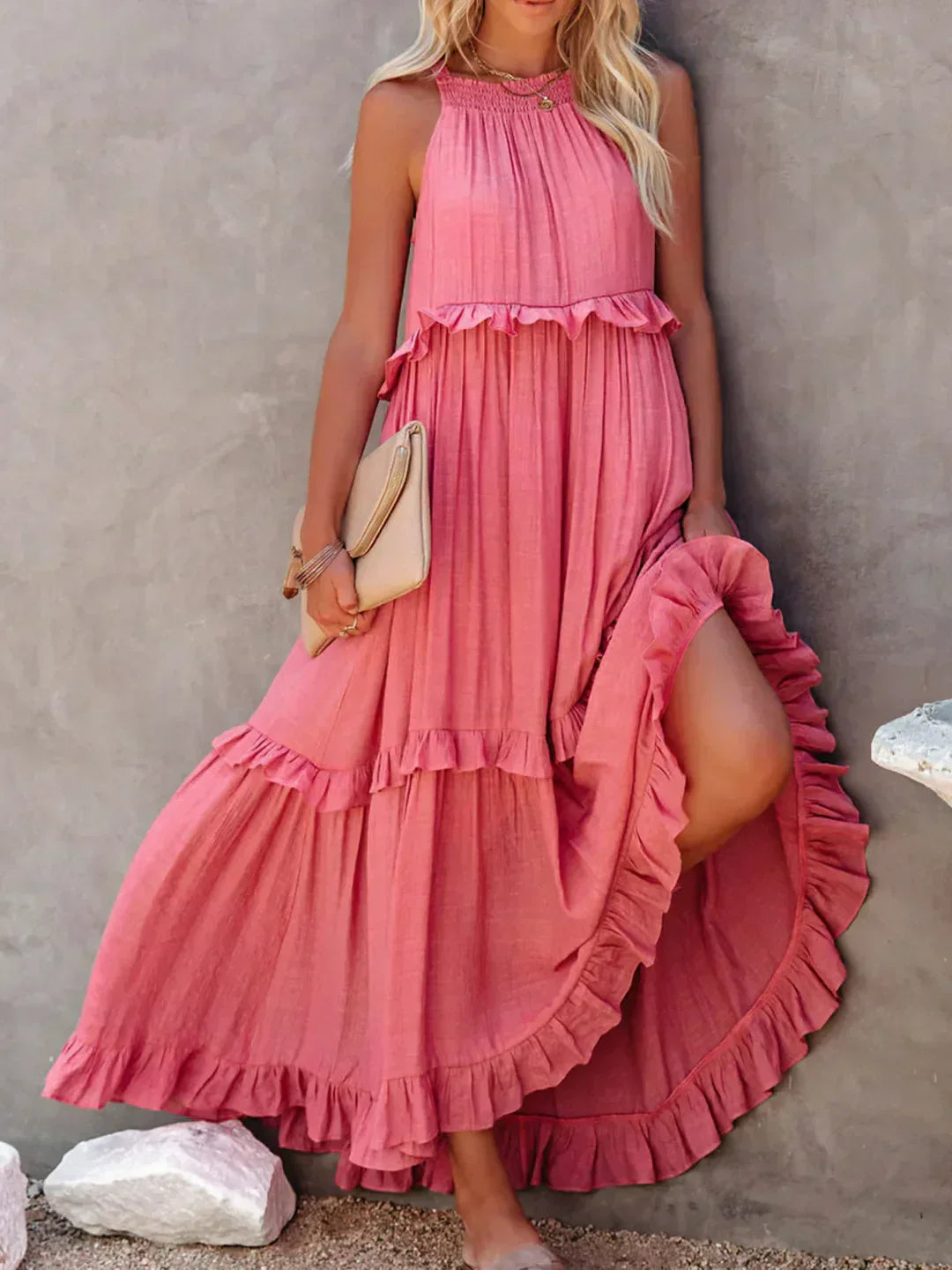 Genevieve – Halter Ruffle Maxi Dress with Flowing Elegance