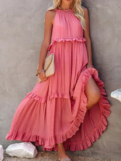 Genevieve – Halter Ruffle Maxi Dress with Flowing Elegance