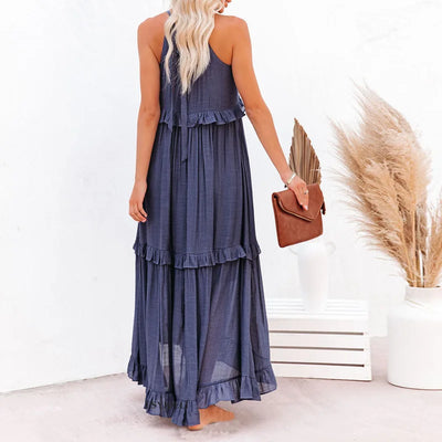 Genevieve – Halter Ruffle Maxi Dress with Flowing Elegance