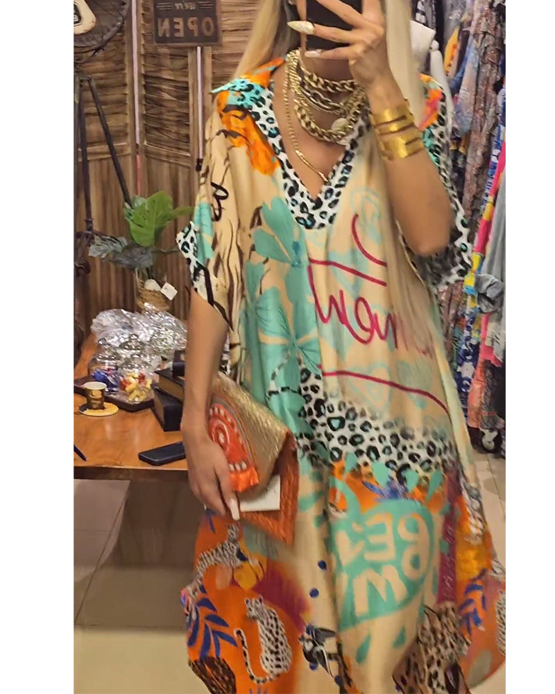 Deep V-neck dress with Colorful leopard print