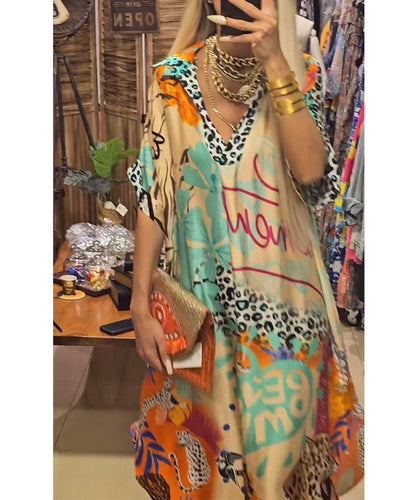Deep V-neck dress with Colorful leopard print