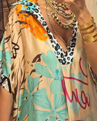 Deep V-neck dress with Colorful leopard print