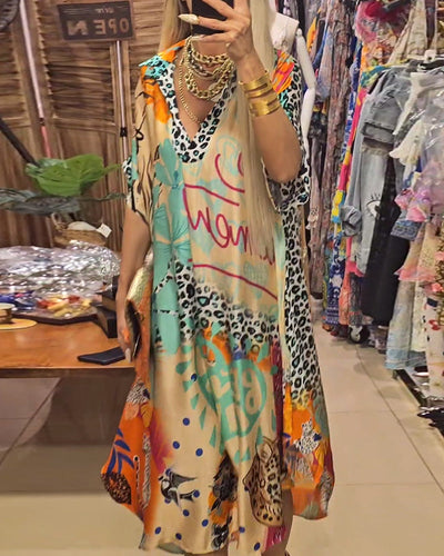 Deep V-neck dress with Colorful leopard print