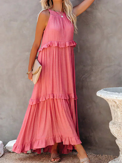 Genevieve – Halter Ruffle Maxi Dress with Flowing Elegance
