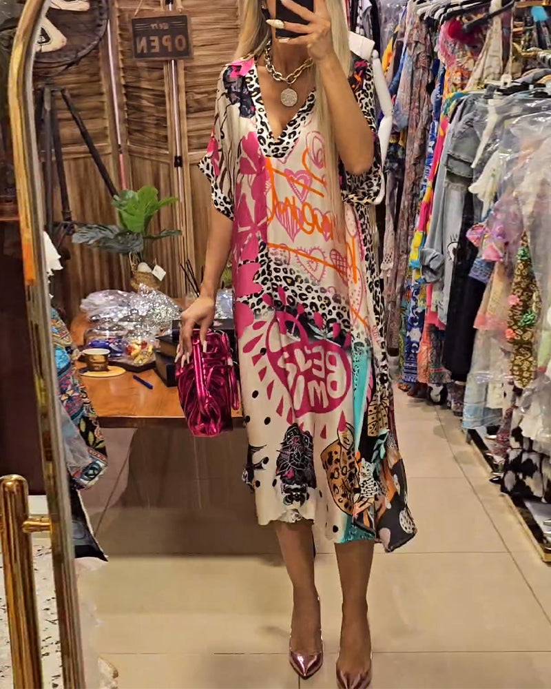 Deep V-neck dress with Colorful leopard print