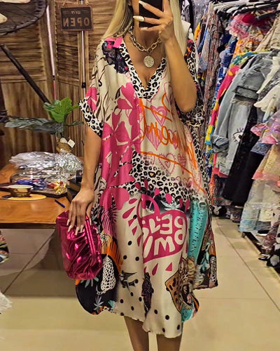 Deep V-neck dress with Colorful leopard print
