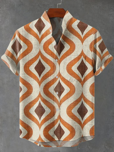 Maxwell – 70s Retro Orange & Brown Geometric Print Shirt with Lightweight Fabric