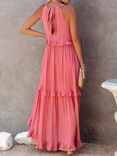 Genevieve – Halter Ruffle Maxi Dress with Flowing Elegance