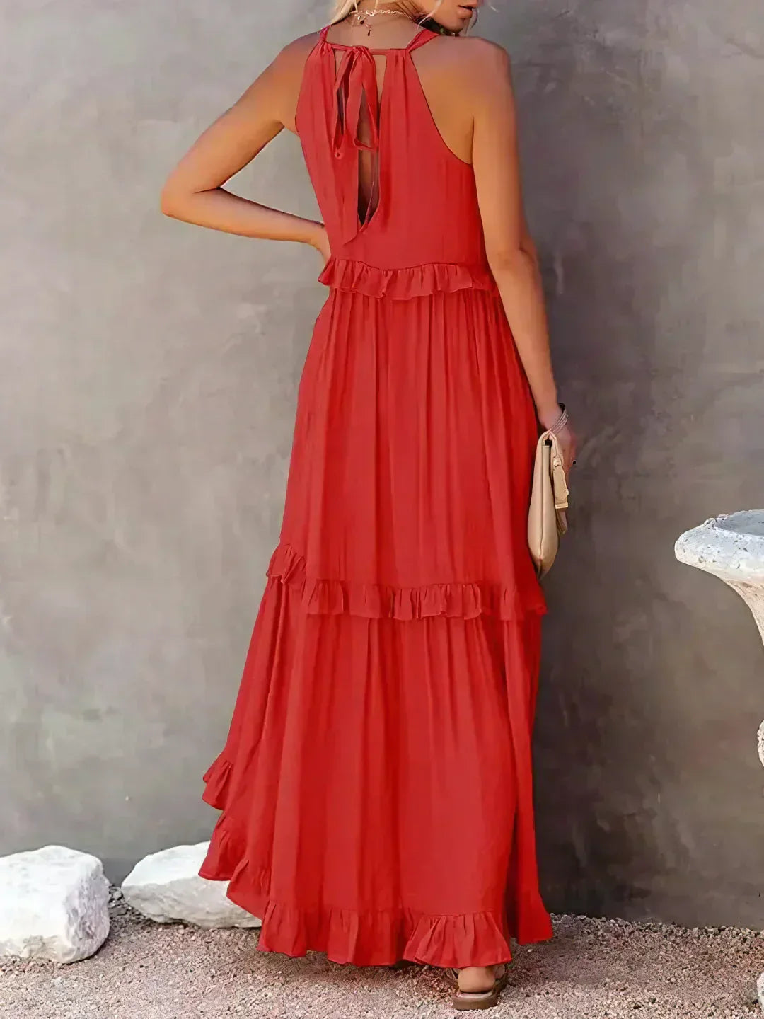 Genevieve – Halter Ruffle Maxi Dress with Flowing Elegance