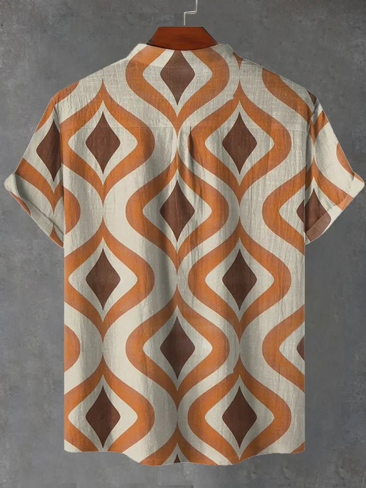 Maxwell – 70s Retro Orange & Brown Geometric Print Shirt with Lightweight Fabric