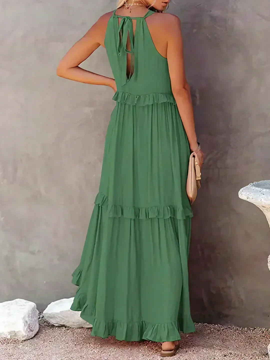 Genevieve – Halter Ruffle Maxi Dress with Flowing Elegance