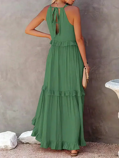 Genevieve – Halter Ruffle Maxi Dress with Flowing Elegance