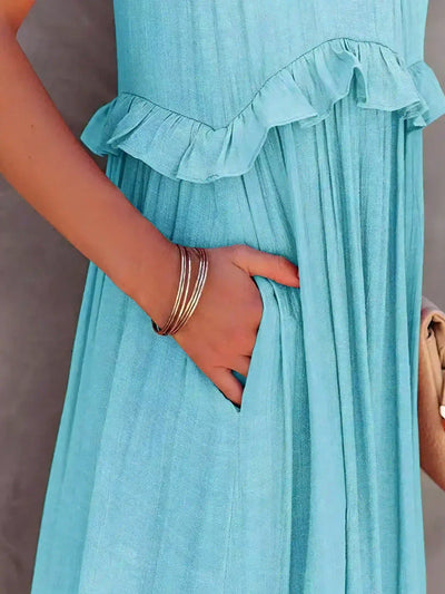 Genevieve – Halter Ruffle Maxi Dress with Flowing Elegance