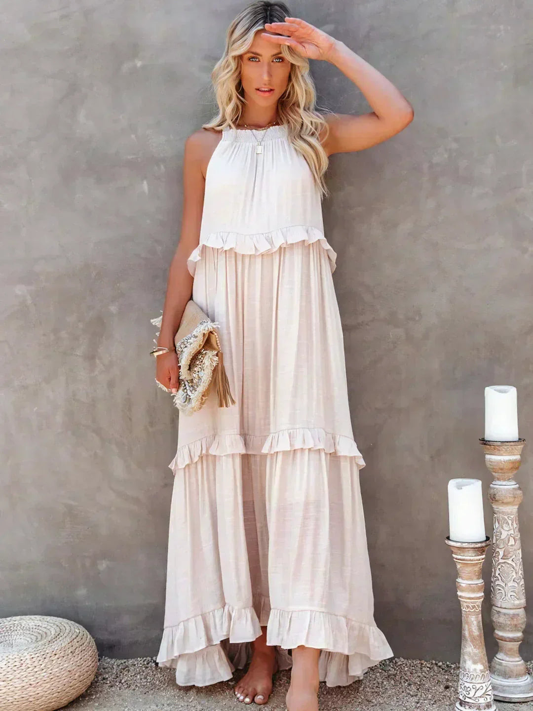 Genevieve – Halter Ruffle Maxi Dress with Flowing Elegance