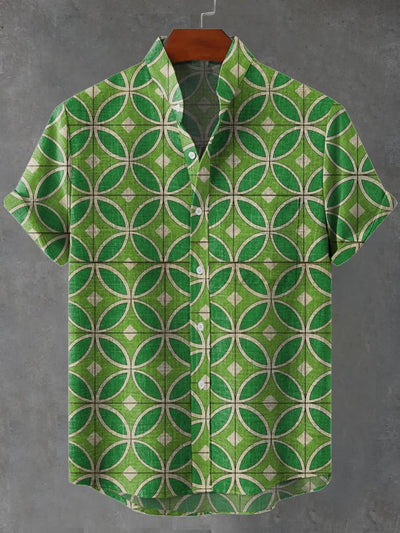 Lucas – Pale Green & Grey Geometric Tile Print Shirt with Lightweight Fabric