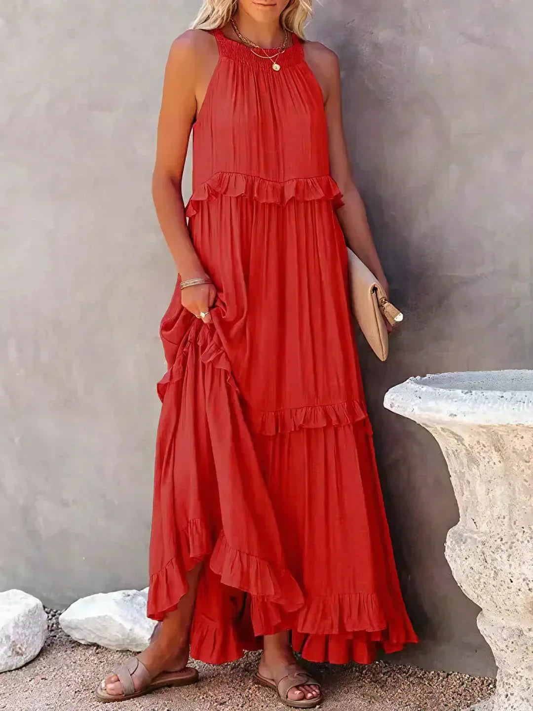 Genevieve – Halter Ruffle Maxi Dress with Flowing Elegance