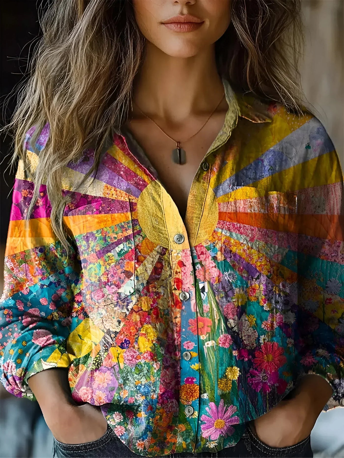 Hazel – Sunrise Patchwork Blouse with Artistic Charm & Comfort